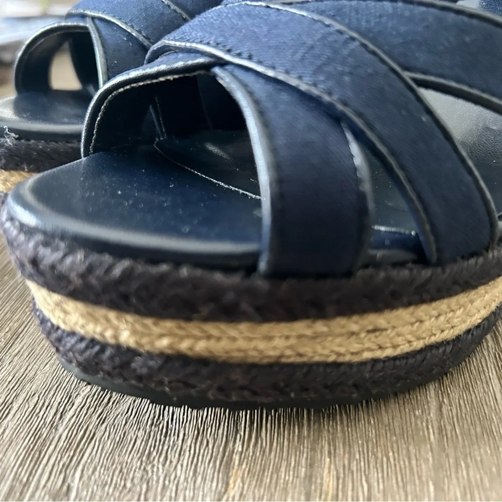 Ankle Lace up Espadrille sandals, blue open toe. 4 inch heel, women’s size 8.